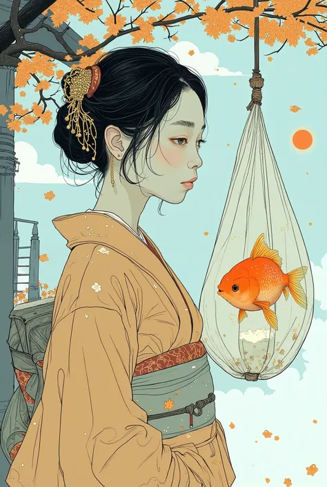 There is a Japanese woman wearing a yukata carrying a bag of goldfish, an  illustration of by Conrad Roset, Tumbler, Serial Art, Conrad Rosette style abstract painting , Kathe Butcher,  Conrad Rosette and Makoto Shinkai , Sachin Ten,  illustration!, ( (  V...