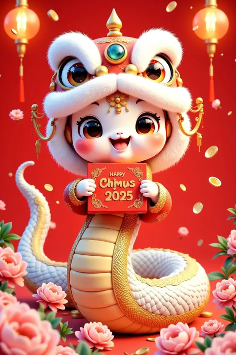  cute Chinese snake with red gift box and calendar, Gold Text " Happy New Year 2025 ", Light plum blossoms,  cartoon style ,  red background, New Year atmosphere,  graphic design poster art , Thick lines, High contrast shadows,    high resolution  , Super ...