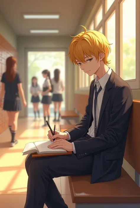 Draw an anime blonde guy sitting on a bench in the school hallway with a notebook on his knees