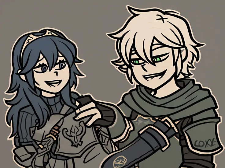 score_9, 1boy, 1girl, lucina(fire_emblem) who has blue eyes and blue hair sits with her retainer, a white haired man with green eyes named dain. Dain wears a green armored tunic, Happy