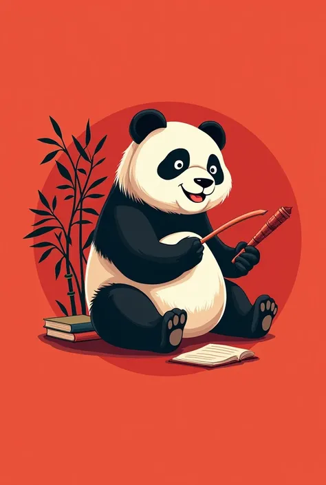 I want to create a scale logo 1 : 1 with a dominant red tone ,  the panda is the main animal smiling and holding the calligraphic quill , with bamboo and additional books for the logo .  Designed in the form of the logo layout on the left and combined with...