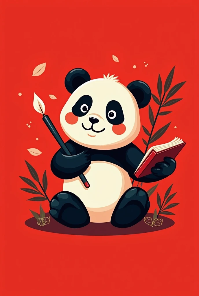 I want to create a scale logo 1 : 1 with a dominant red tone ,  the panda is the main animal smiling and holding the calligraphic quill , with bamboo and additional books for the logo .  Designed in the form of the logo layout on the left and combined with...