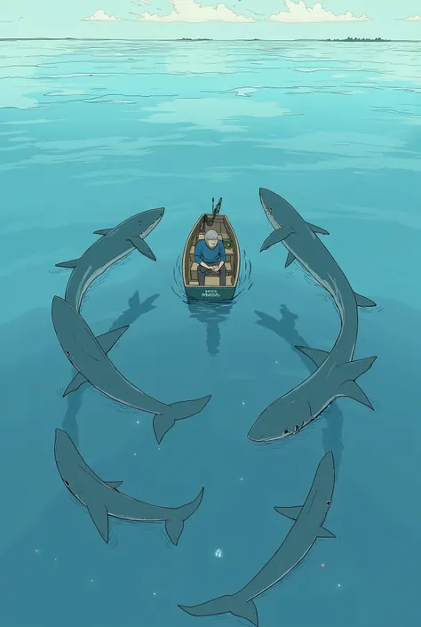  there is a man sitting in a small boat surrounded by sharks, Relaxing Conceptual Art, real fantasy painting ,  Artist's Magnificent Paintings , Studio Ghibli style paint , studio ghibli painting, raft gameplay, Concept Art Paintings ,  Extremely Realistic...