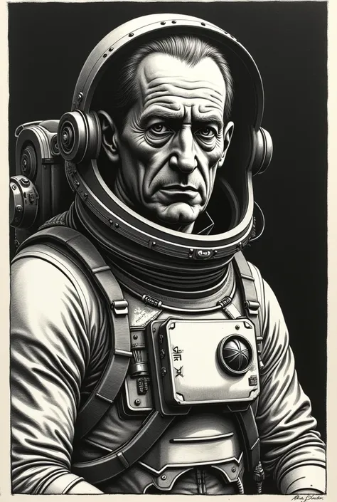 The style of the woodcut engraving by Albrecht Dürer is a portrait of an adult man in a spacesuit without a helmet on his head.