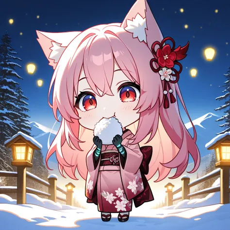  highest quality,   Masterpiece,   Hi-Res,   high detail,   textured skin,Chibi character, 1 girl, pink hair, animal ears, red eyes,  kimono, smile, eating 海苔 rice balls, firefly light, snowy landscape