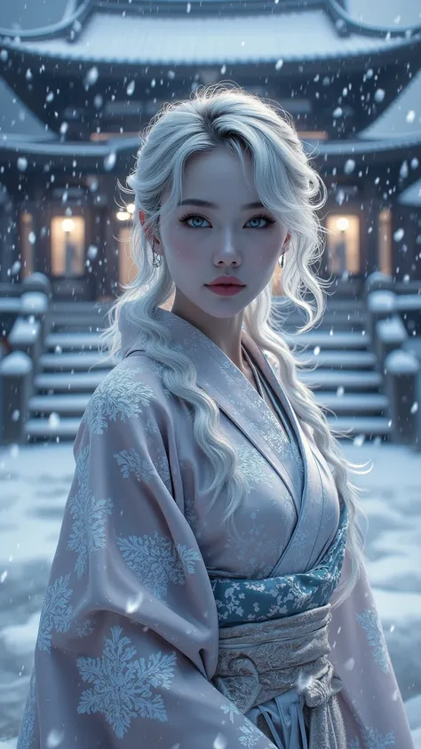  A stunning masterpiece ， shows a mature woman ，ice blue eyes， Snow-silver hair ， lips and pale skin ， wearing a snow-themed glowing kimono。 scene including drifting snow ，Staircase and temple 。