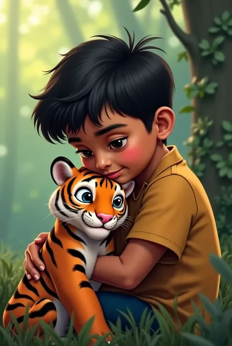 Scene 3: A boy Comforts the Baby Tiger
Image prompt: Rohan cradling the baby tiger in his arms, comforting it, with a warm and soothing expression on his face.