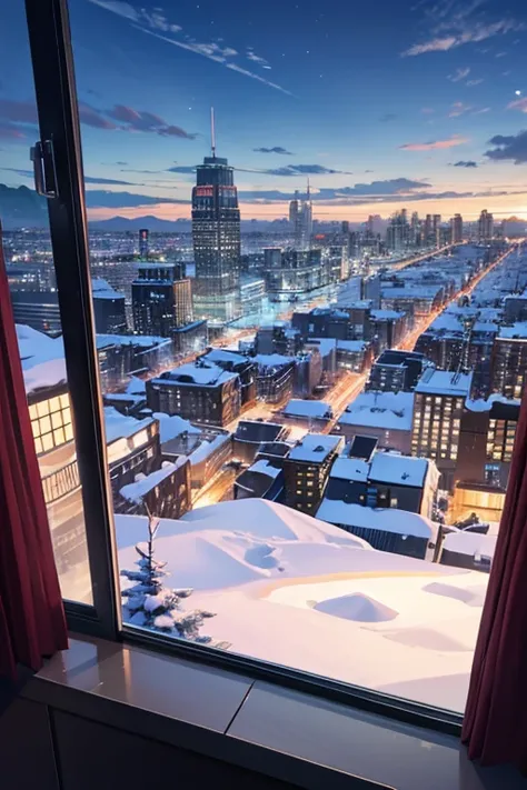  highest quality、 Landscape、The view from the window、snow、building、City、City、 Fantastic