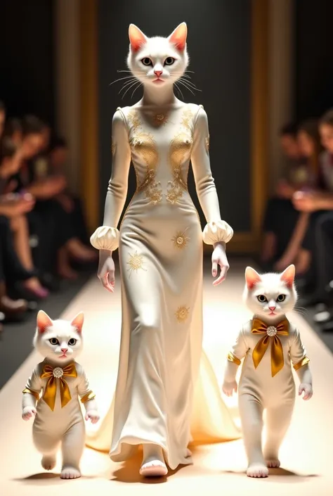 A regal white cat walks confidently down a runway, wearing an exquisite ivory silk gown with full-length fitted sleeves and intricate gold embroidery in delicate, swirling floral patterns. The gown features a graceful boat neckline adorned with tiny pearl ...