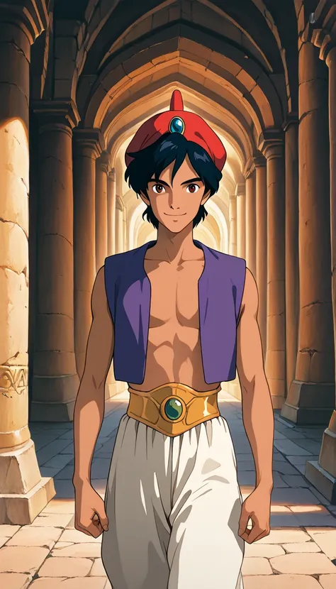 (1boy, aladdin), (extremely detailed CG unit 8k wallpaper),(master part), (best quality), (ultra detail), (best illustration),(ghibli_style), cowboy shot, standing, facing viewer, looking at viewer, perfect face, perfect eyes, perfect fingers, (Sharp eyeli...