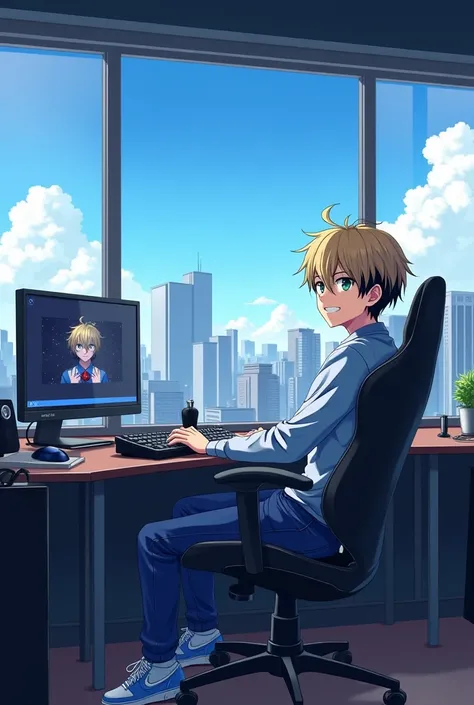  Create an image of a television studio inside a building with the male anime character , Pet Matsuno (Tokyo Revengers),  blond and black hair ,  green eyes,  wearing Nike Air blue ,  giving a beautiful smile and operating a PC soundboard with a gamer comp...