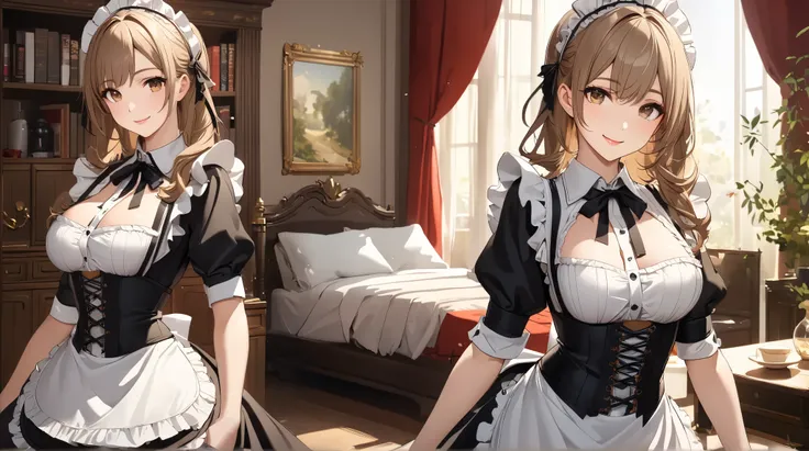 (( highest quality)),(  ultra high resolution),(  very detailed),(  Detailed Explanation ),((  best CG  )),(  BEST ARTWORK  ), Ultra-precise art,  Amazing Painting Art,(Exquisite art:1.5), Maid,  a beautiful and well-groomed face , makeup, Smile, 胸元が大きく切り取...