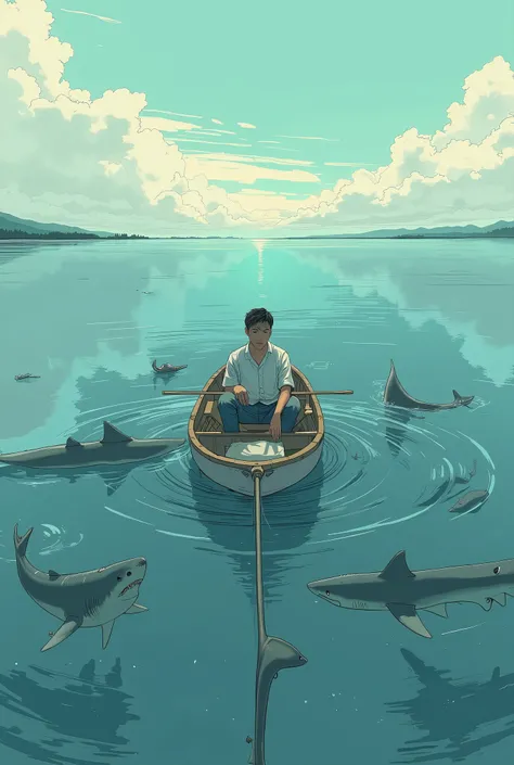  there is a man sitting in a small boat surrounded by sharks, Photorealistic paintings inspired by Jean-Léon Jérôme,  Art Station Contest Winner  , conceptual art , Relaxing Conceptual Art, real fantasy painting ,  Artist's Magnificent Paintings , Studio G...