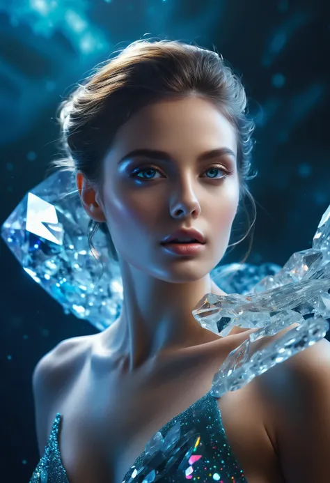 An alien girl ,  whose body is made of minerals, Diamond, Topaz , (  rolled up ,  highres,   studio lighting ), portraits,  bright colors ,  studio lighting ,  realistic,  long hair blowing in the wind,  sparkling eyes ,  supernatural beauty ,  surreal atm...