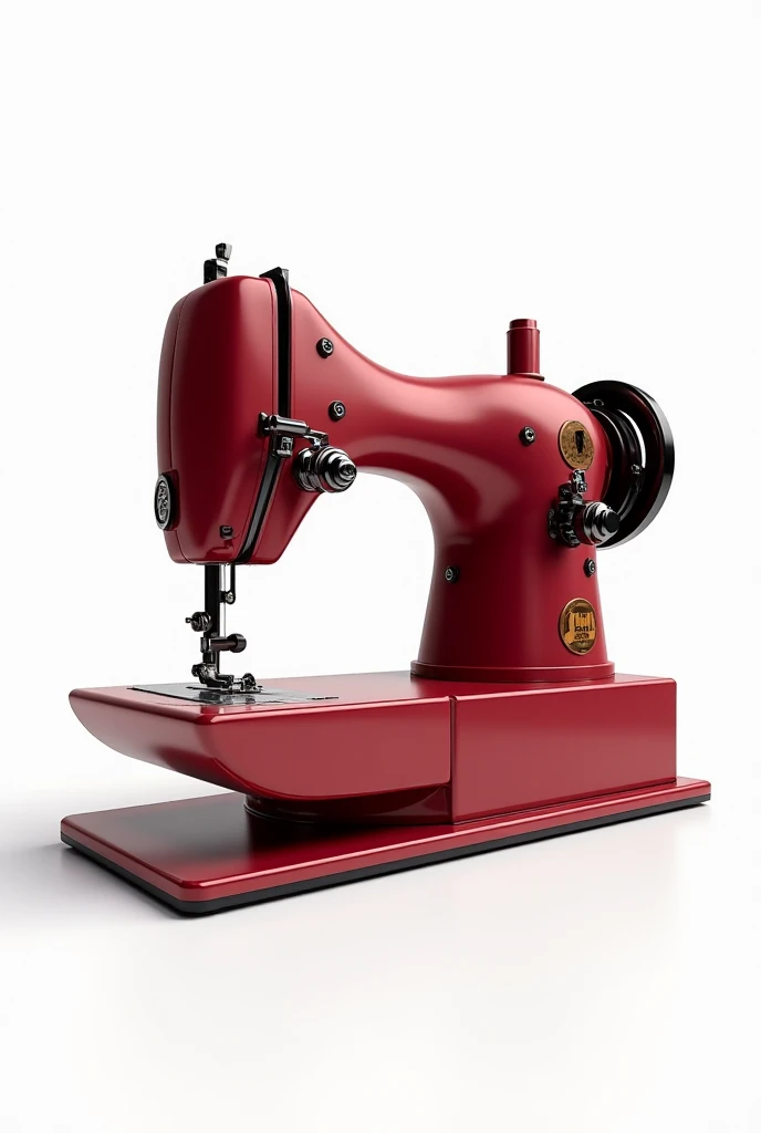 Create a ultra clear industrial red or whine sewing machine in a white background 