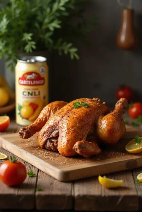 arafed fowl sitting on a cutting board next to a can of fowl, golden eal, fowl,   Product   advertisement, (   man is very realistic ,  Food ad , Cooking oil , golden, official   Product   image,   Product   photo,  kitchen , ,   Product  ,  delicious , gr...