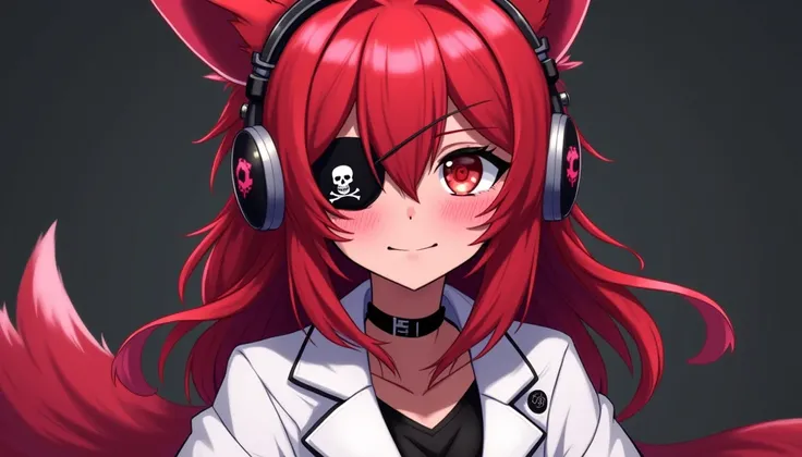 Anime girl with red hair and headphones wearing a white coat, pixiv, hairy art, 4k anime style, nightcore,  Best anime 4k konachan wallpaper , waifus, [[[[ smiling]]]], high-quality anime art,dark red skin tone, pirate eye patch with skull symbol on the le...