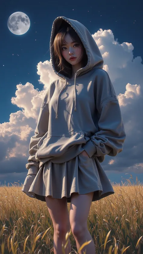  A traditional media painting with volumetric light ， depicting a woman wearing a short skirt and a wide cotton-hooded sweatshirt，Surrounded by field 、 clouds and moonlit night ， emphasizing realistic body proportions and vivid colors 。