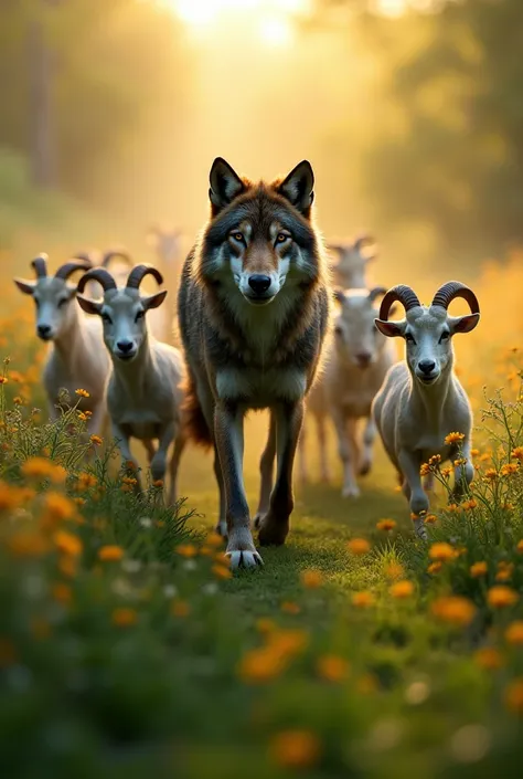  A flock of goats is lined up behind a wolf in a green field