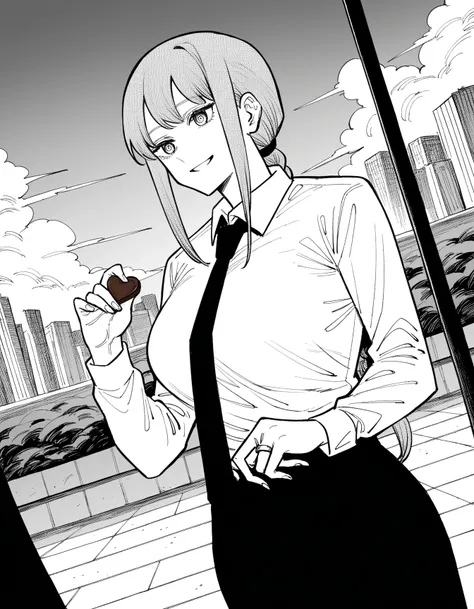 Makima, Makima,  long hair, smile, bangs,  braided,  braideded ponytail,   ring eye  ,   monochrome,  grayscale, big breasts,women
shirt ,  Long Sleeve,  white shirt,  tie, collared shirt,   pants, black   pants, formal,  suit, black  tie,  shirt tucked in...