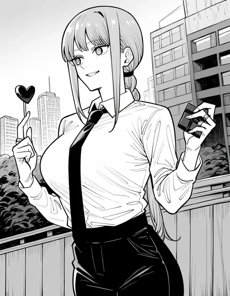 Makima, Makima,  long hair, smile, bangs,  braided,  braideded ponytail,   ring eye  ,   monochrome,  grayscale, big breasts,women
shirt ,  Long Sleeve,  white shirt,  tie, collared shirt,   pants, black   pants, formal,  suit, black  tie,  shirt tucked in...