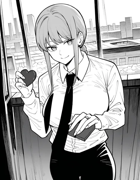 Makima, Makima,  long hair, smile, bangs,  braided,  braideded ponytail,   ring eye  ,   monochrome,  grayscale, big breasts,women
shirt ,  Long Sleeve,  white shirt,  tie, collared shirt,   pants, black   pants, formal,  suit, black  tie,  shirt tucked in...