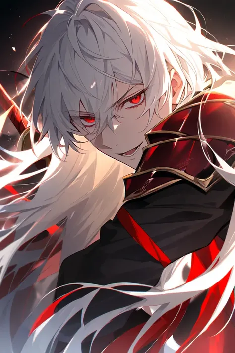 A young king wears black and red armor made of orichalcum and he weilds a black and red sword theres a triangle im bottom of the sword he is very very handsome he has white hair and dark red eyes he is evil and his looks are scary