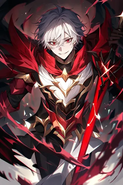 A young king wears black and red armor made of orichalcum and he weilds a black and red sword theres a triangle im bottom of the sword he is very very handsome he has white hair and dark red eyes he is evil and his looks are scary