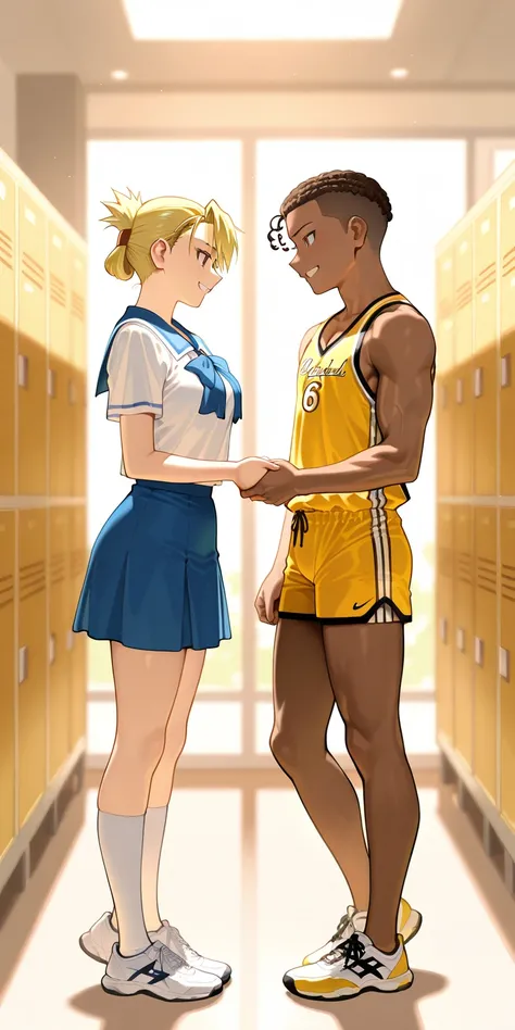 Masterpiece, male senior high school, wearing yellow basketball costume,, tall body, taller than riza, muscular, curly crew cut hair, dark brown color skin,  smile, teeth, holding one hand, face to face, elegant junior school girl, riza hawkeye, updo hair,...