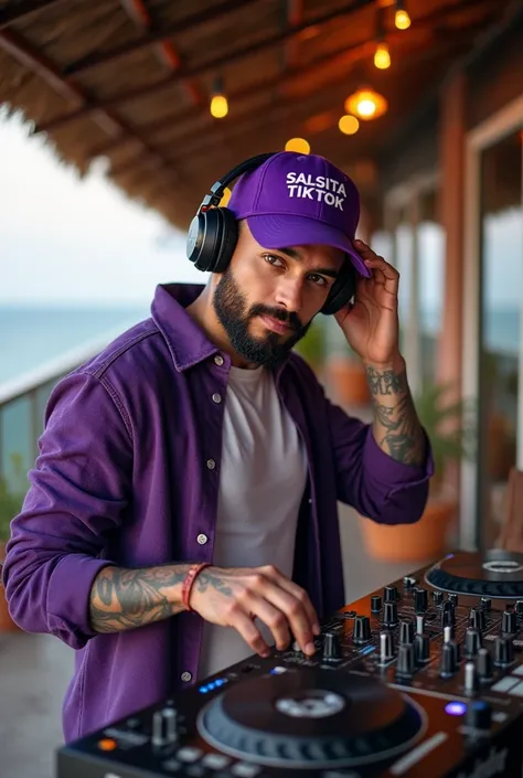              The camera from top to bottom captures a Latino man      ,        Handsome with light brown eyes       , beard,        athletic physique      ,        tattooed arms. Posing as a DJ with his headphones and DJ mixer on the terrace of a restauran...