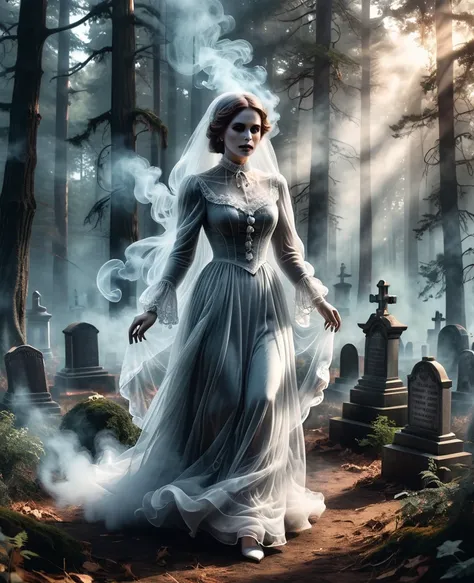 Transparent Victorian female ghost, surrounded by transparent smoke.
About that in every step, the forest atmosphere, cemetery, 
Ideal composition, hyper -realistic, super detailed