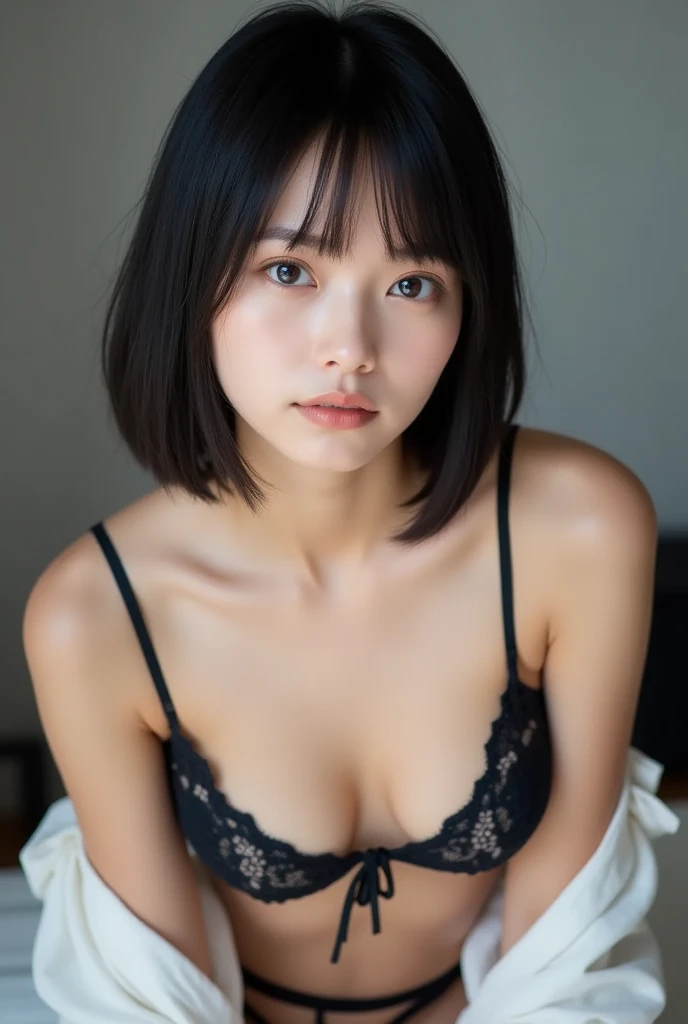 The beautiful young lady、 is a mix of beautiful Japanese women and beautiful Russian women、(((whole body)))。Age is  。Physical characteristics include black hair、Medium straight bob cut。The face is small、Eyelashes are short、Only boyish eyes。The nose is high...