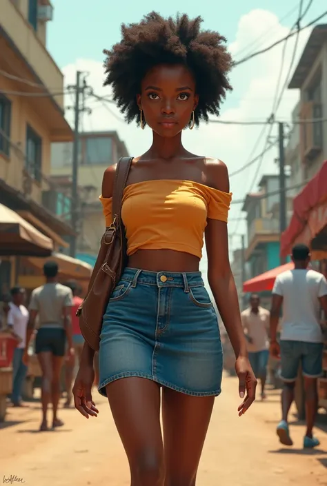 A Nigeria gurl in the street of lagos with short denim skirt 