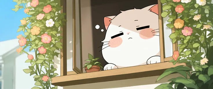 A cute illustration of a chubby, content cat lounging in a sunny spot on a windowsill, surrounded by pots of blooming plants, with a peaceful, sleepy expression.