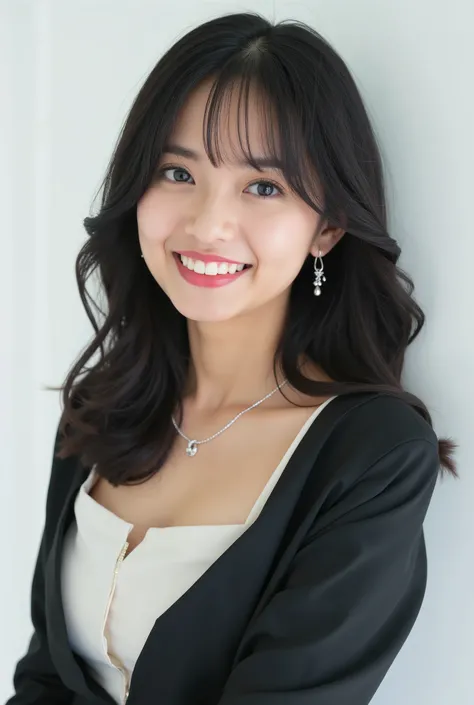 Beautiful Japanese Woman 、、 She is wearing an office lady suit、濃いeyeshadow 、Hairstyle: Medium long、wavy hair 、 真っ黒な髪、ear piercing、   smile showing teeth、 necklace、 white backgr