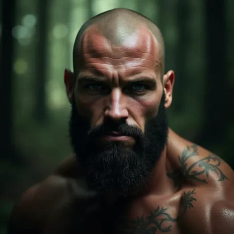 A muscular bald man with a short black beard, close-up portrait, rugged handsome hunk face, intense wolf-like expression, detailed facial features, forest background, photorealistic, cinematic lighting, dramatic shadows, high resolution, best quality