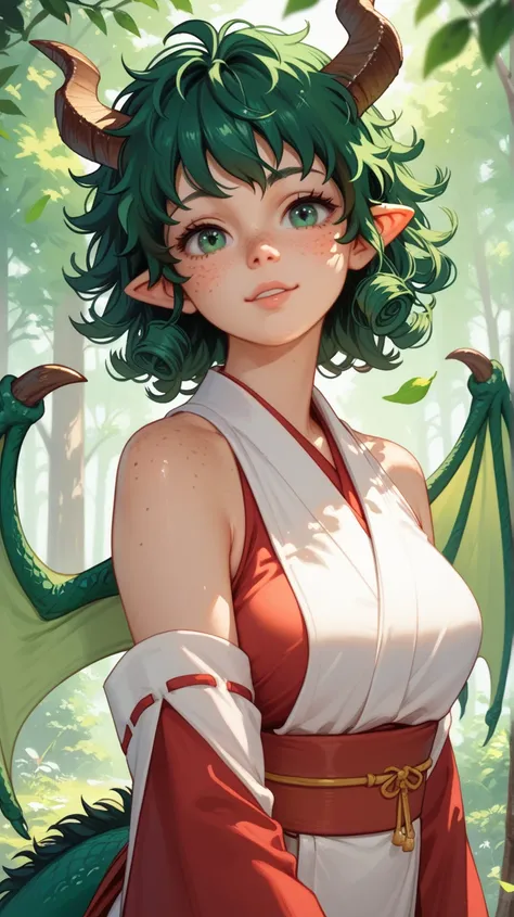 Izuku Midoriya, female version, shoulder length curly green hair, green cat eyes, freckles, dragon horns, pointy ears, dragon wings, miko clothing, forest