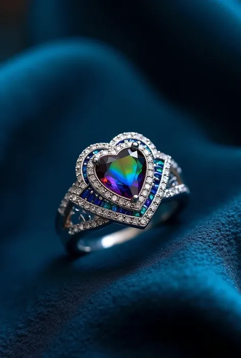 The second part of the image showcases an elegant silver ring with a heart-shaped multicolored gemstone at its center, reflecting shades of purple, green, and blue. The band is adorned with small, sparkling diamonds and vibrant blue opal inlays, creating a...