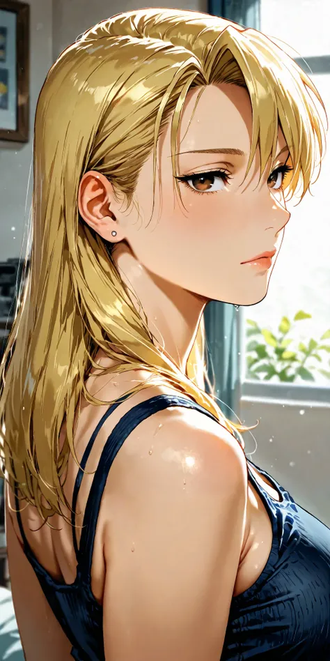 Masterpiece, mature woman, riza hawkeye, slim, upper body,tank top, ultra detailed, highres, absurdres, home, portrait, semi realistic