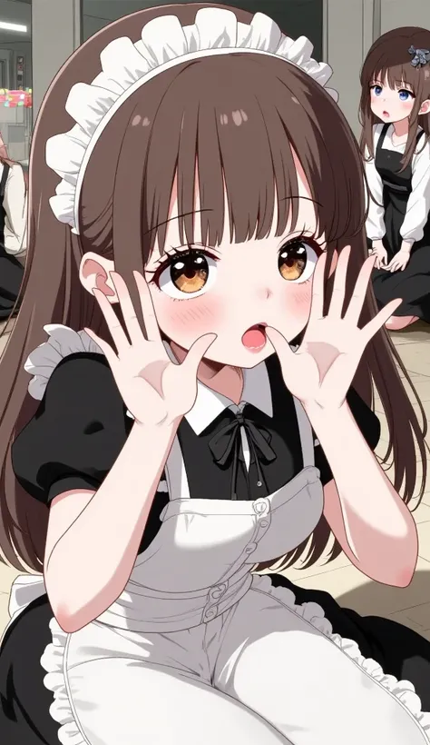   in school uniforms and maid costumes also watching you  , wearing school uniform with maid outfit also , Schoolgirl maid  ,  behind the hands ,   POV sitting on the floor looking up at you   