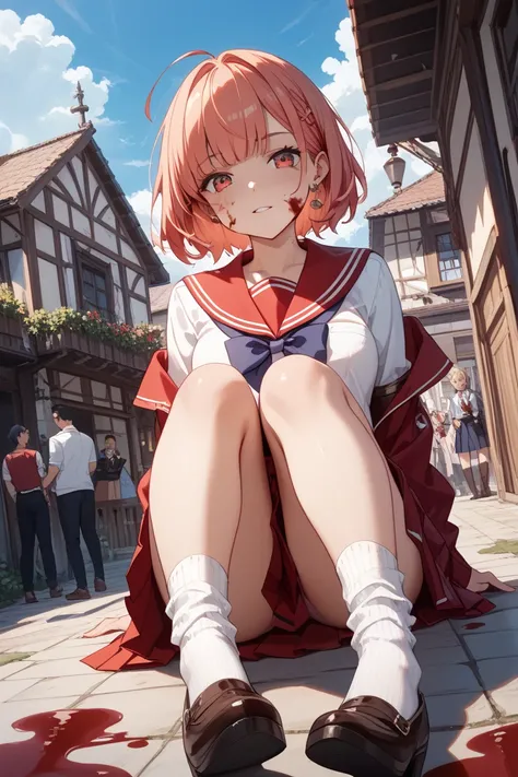  highest quality、8k、 Masterpiece 、 Ruined Town、Cloudy、night、 beautiful girl、 bob hair、 stare at the camera until they glow red、Sailor colored clothes 、 Knee Length Pleated Skirt、 white socks、My face and body are stained with blood and mud、whole body、 angle...