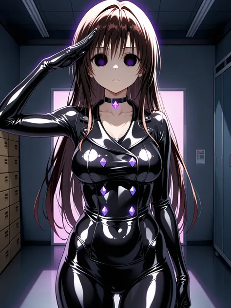  Yui Kotegawa \( To Love Ru \),(( choker,  purple glowing jewelry)),  underbust with a humiliating face, chest, ( Two Breasted  ),(( hollow eyes)),  purple eyes, Shining Eyes,Serious,   expressionless  , (( latex skin  tight,  tight, skin black  tight,blac...