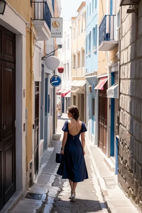 woman walking in a tight navy blue dress through the streets of Greece, with her back turned, the back of the dress in x