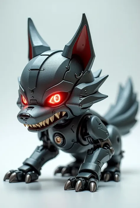 SUPER REAL, chibi, android in the shape of a wolf, one wolf, wolf drawn entirely, one tail, rabid expression, threatening, on all fours, paws on the ground, gunmetal in color, mechanical visor over eyes, visor is red and Glowing. No background.