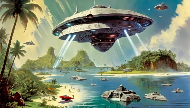 Richard Hescox Style , paperback artwork , huge square spaceship landing on top of (paradise island:1.3),sunny day, space opera,