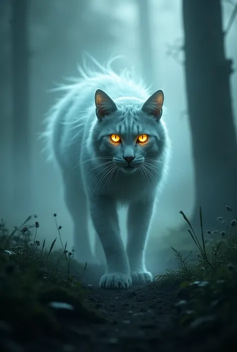 Spirit of the Wild
. A ghostly predatory cat appears amidst foggy trees in Rwanda, While her eyes glow brightly in the dark .