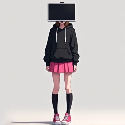 1 female, solo, head replaced with a monitor, skinny, curvy body, adult, light skin, shiny skin, full body picture, high quality, black hoodie, pink skirt, pink sneakers, long black socks, anime artstyle