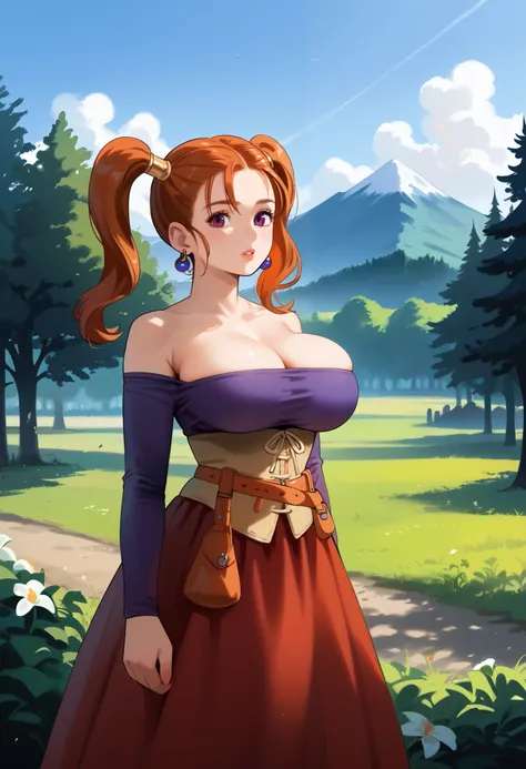 score_9, score_8_up, score_7_up, score_6_up, score_5_up, score_4_up, masterpiece, best quality, BREAK, 1girl, outdoors, medieval atmosphere, village, trees, mountain view, jessica, orange hair female, twintails, earrings, purple shirt, corset, strapless, d...