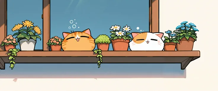 A cute illustration of a chubby, content cat lounging in a sunny spot on a windowsill, surrounded by pots of blooming plants, with a peaceful, sleepy expression.