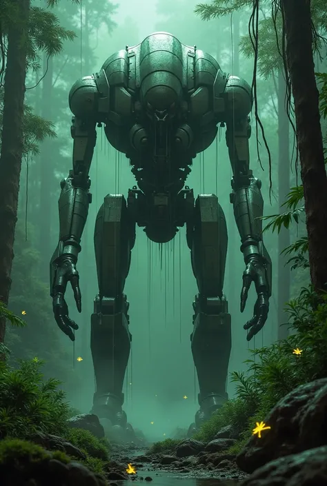 towering biomechanical mech with intricate alien design, standing motionless in the middle of a dense, gloomy rainforest. Rain drips from its metallic exoskeleton, reflecting soft green light from bioluminescent plants. Mist rises from the damp forest floo...